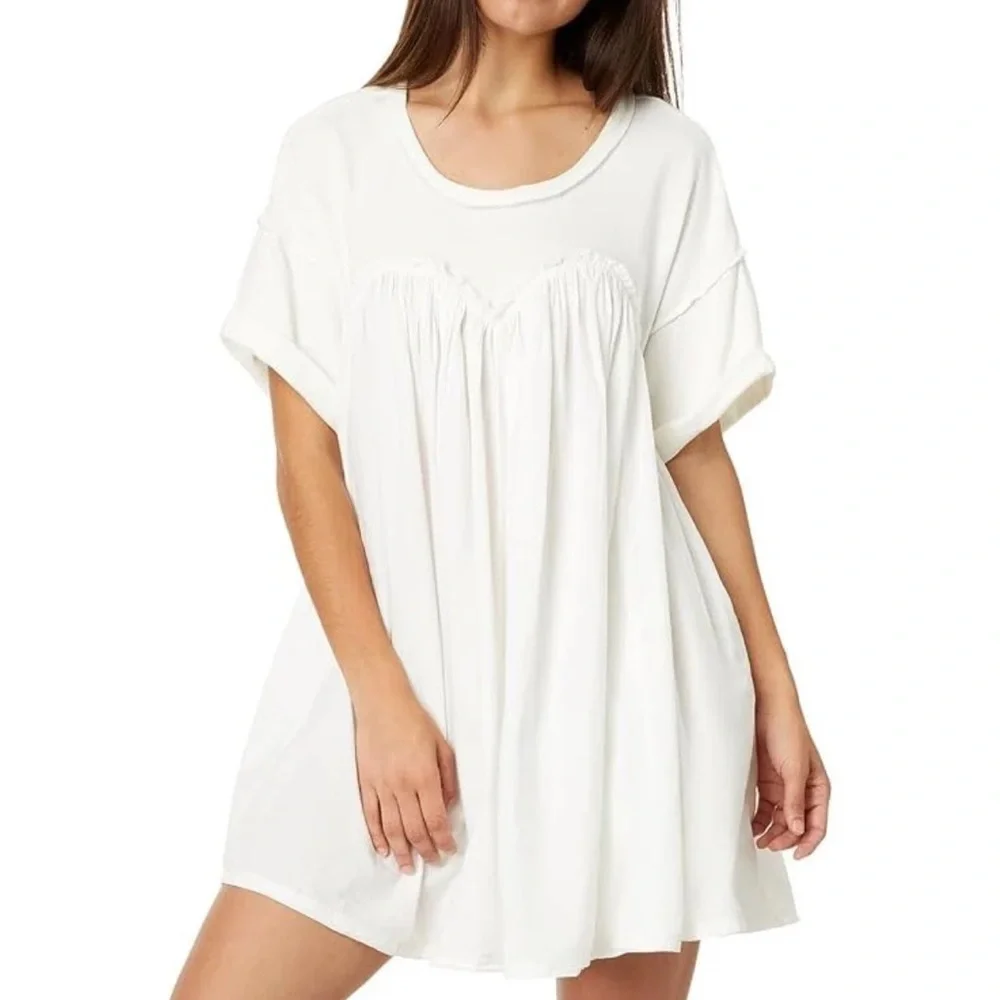 Free People NEW Women's Catalina Mini Dress Ivory Cotton Ruffle Round Neck